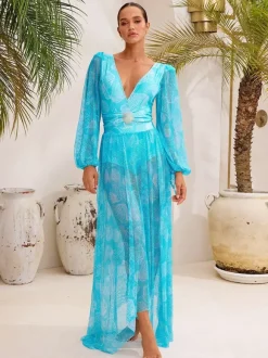 Swimsuits Blue Chic Lace Up V-Neck Long Sleeves Puff Sleeves