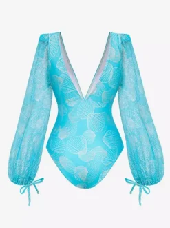 Swimsuits Blue Chic Lace Up V-Neck Long Sleeves Puff Sleeves