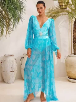 Swimsuits Blue Chic Lace Up V-Neck Long Sleeves Puff Sleeves