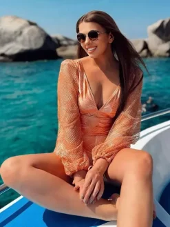 Swimsuits Blue Chic Lace Up V-Neck Long Sleeves Puff Sleeves