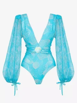 Swimsuits Blue Chic Lace Up V-Neck Long Sleeves Puff Sleeves