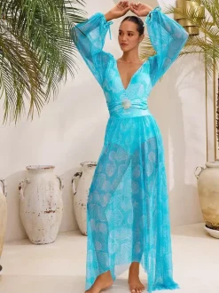 Swimsuits Blue Chic Lace Up V-Neck Long Sleeves Puff Sleeves