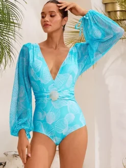 Swimsuits Blue Chic Lace Up V-Neck Long Sleeves Puff Sleeves