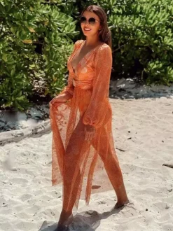 Swimsuits Blue Chic Lace Up V-Neck Long Sleeves Puff Sleeves