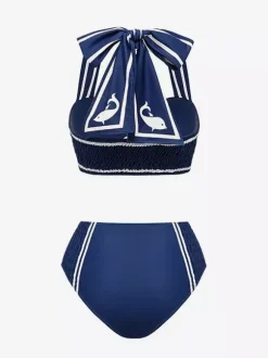 Swimsuits Cover-Ups Blue Sexy Lace Up Backless Two-Tone Swimsuit Set