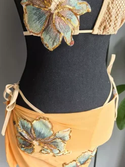 Swimsuits Cover-Ups Brown Sexy Lace Up Backless Floral Print Swimsuit Set