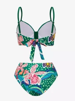 Swimsuits Cover-Ups Green Sexy Lace Up Backless Floral Print Swimsuit Set