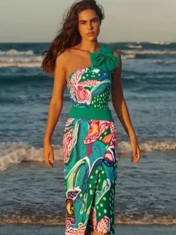 Swimsuits Cover-Ups Green Bohemian Lace Up Backless Floral Print Swimsuit Set
