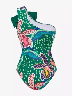 Swimsuits Cover-Ups Green Bohemian Lace Up Backless Floral Print Swimsuit Set