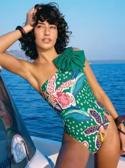 Swimsuits Cover-Ups Green Bohemian Lace Up Backless Floral Print Swimsuit Set