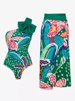 Swimsuits Cover-Ups Green Bohemian Lace Up Backless Floral Print Swimsuit Set