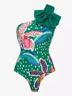 Swimsuits Cover-Ups Green Bohemian Lace Up Backless Floral Print Swimsuit Set