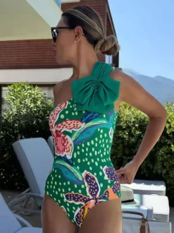 Swimsuits Cover-Ups Green Bohemian Lace Up Backless Floral Print Swimsuit Set