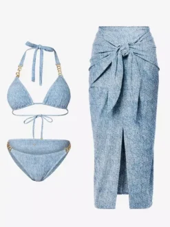 Swimsuits Cover-Ups Set Blue Sexy Lace Up Backless Halter Swimsuit