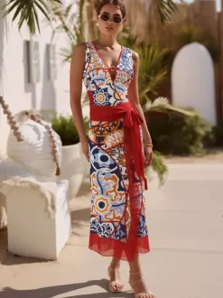 Swimsuits Cover-Ups Set Red Sexy Lace Up Backless Floral Print V-Neck Swimsuit