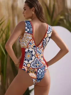 Swimsuits Cover-Ups Set Red Sexy Lace Up Backless Floral Print V-Neck Swimsuit