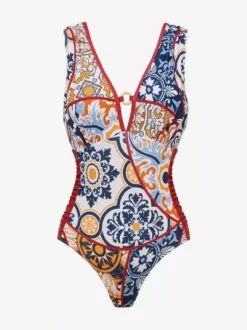Swimsuits Cover-Ups Set Red Sexy Lace Up Backless Floral Print V-Neck Swimsuit