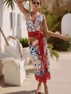 Swimsuits Cover-Ups Set Red Sexy Lace Up Backless Floral Print V-Neck Swimsuit
