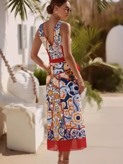 Swimsuits Cover-Ups Set Red Sexy Lace Up Backless Floral Print V-Neck Swimsuit