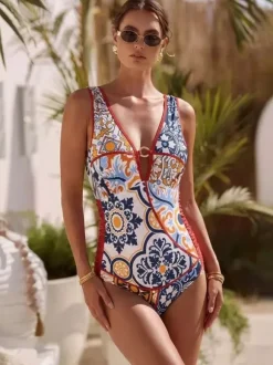 Swimsuits Cover-Ups Set Red Sexy Lace Up Backless Floral Print V-Neck Swimsuit