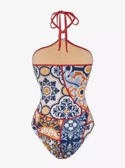 Swimsuits Cover-Ups Set Red Sexy Lace Up Backless Floral Print V-Neck Swimsuit
