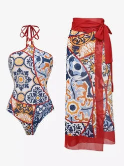 Swimsuits Cover-Ups Set Red Sexy Lace Up Backless Floral Print V-Neck Swimsuit