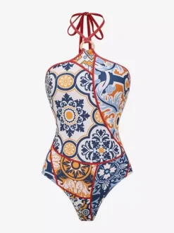 Swimsuits Cover-Ups Set Red Sexy Lace Up Backless Floral Print V-Neck Swimsuit