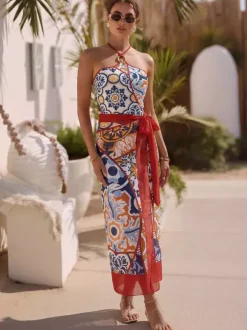 Swimsuits Cover-Ups Set Red Sexy Lace Up Backless Floral Print V-Neck Swimsuit