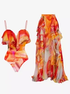 Swimsuits Cover-Ups Swimsuit Set Blue Chic Ruffles Straps Neck