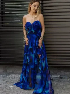 Swimsuits Cover-Ups Swimsuit Set Blue Chic Ruffles Straps Neck