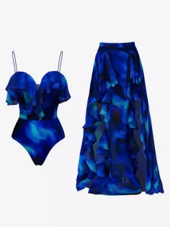 Swimsuits Cover-Ups Swimsuit Set Blue Chic Ruffles Straps Neck