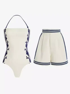 Swimsuits Cover-Ups White Retro Lace Up Backless Two-Tone Halter Swimsuit Set