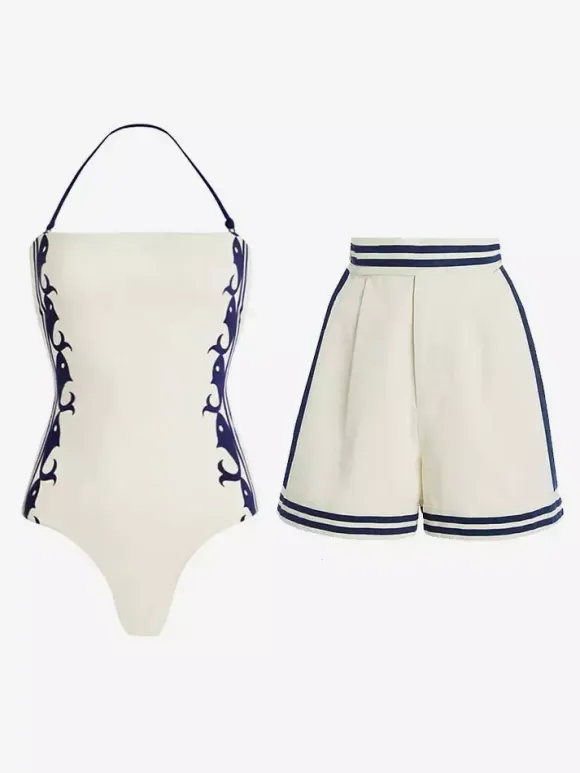 Swimsuits Cover-Ups White Retro Lace Up Backless Two-Tone Halter Swimsuit Set