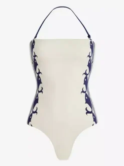 Swimsuits Cover-Ups White Retro Lace Up Backless Two-Tone Halter Swimsuit Set
