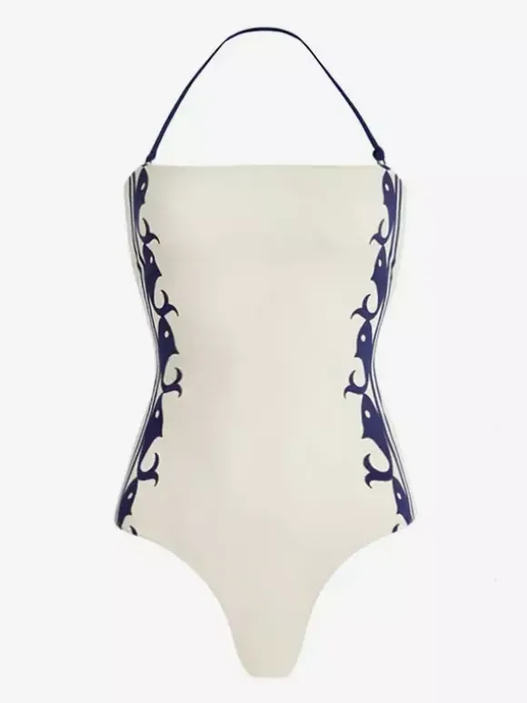 Swimsuits Cover-Ups White Retro Lace Up Backless Two-Tone Halter Swimsuit Set