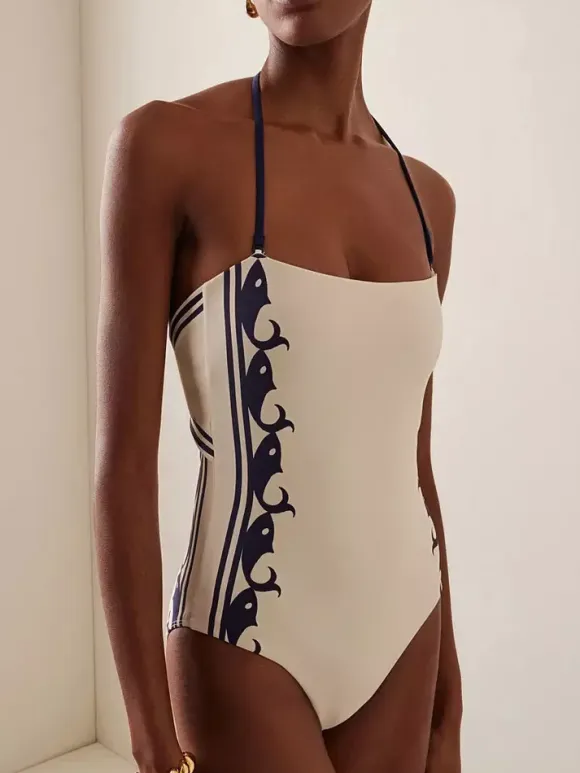 Swimsuits Cover-Ups White Retro Lace Up Backless Two-Tone Halter Swimsuit Set