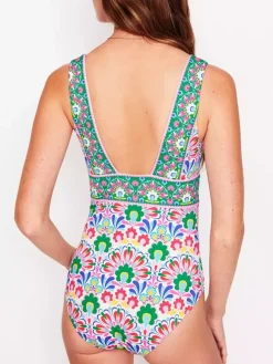Swimsuits Set Green Sexy Lace Up Backless Printed V-Neck Sleeveless Swimsuit