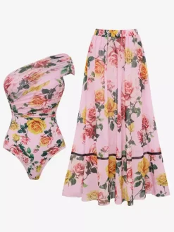 Swimsuits Set Pink Sexy Asymmetrical Floral Print Asymmetrical Neck