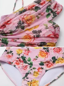 Swimsuits Set Pink Sexy Asymmetrical Floral Print Asymmetrical Neck