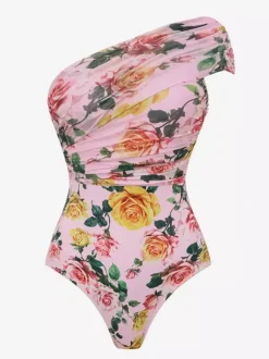 Swimsuits Set Pink Sexy Asymmetrical Floral Print Asymmetrical Neck