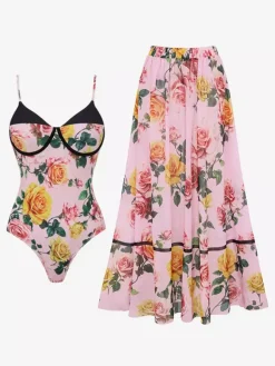 Swimsuits Set Pink Sexy Floral Print Straps Neck
