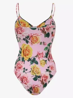 Swimsuits Set Pink Sexy Floral Print Straps Neck