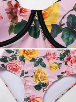 Swimsuits Set Pink Sexy Floral Print Straps Neck