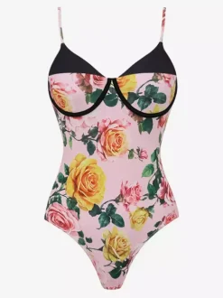 Swimsuits Set Pink Sexy Floral Print Straps Neck