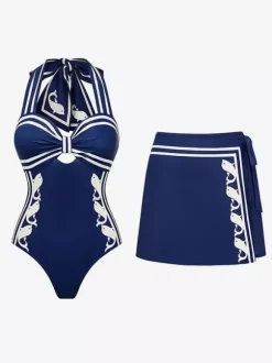 Swimsuits Cover-Ups Blue Sexy Lace Up Backless Two-Tone Halter Swimsuit Set