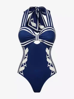 Swimsuits Cover-Ups Blue Sexy Lace Up Backless Two-Tone Halter Swimsuit Set