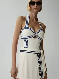 Swimsuits Cover-Ups Blue Sexy Lace Up Backless Two-Tone Halter Swimsuit Set