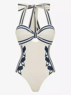 Swimsuits Cover-Ups Blue Sexy Lace Up Backless Two-Tone Halter Swimsuit Set