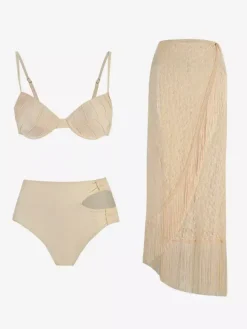 Swimsuits Cover-Ups Set Apricot Chic Ruffles Straps Neck Sleeveless Set