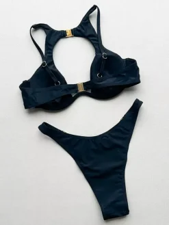 Swimsuits Cover-Ups Set Black Sexy Lace Up Backless Summer Swimsuit